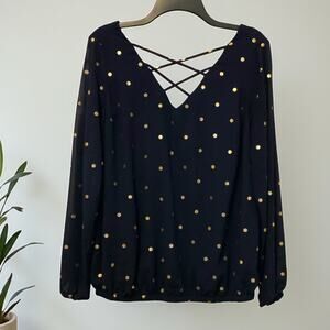Torrid Chiffon Lattice Blouse Navy Blue Gold Polka Dot Medium 10